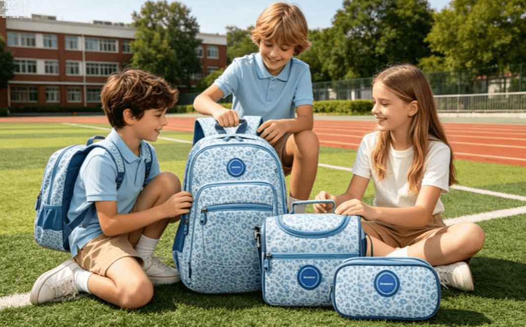 Children using a BESDERWILL school bag set outdoors