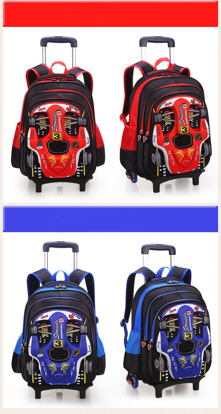 red and blue kids school trolley backpack